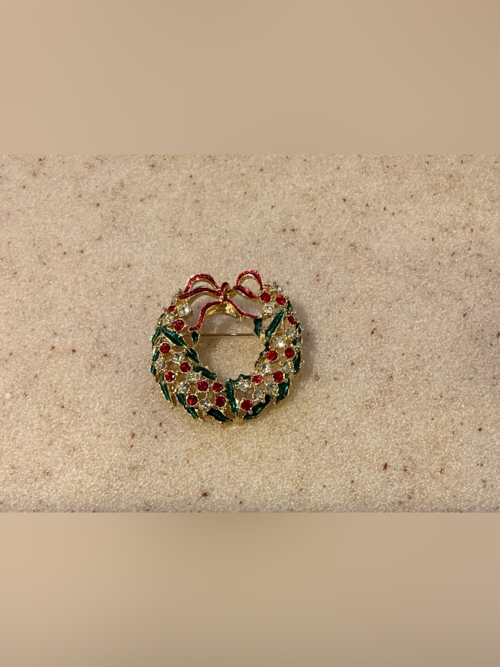 Macy's Gold-Tone Christmas Wreath Brooch with Red and Green Enamel